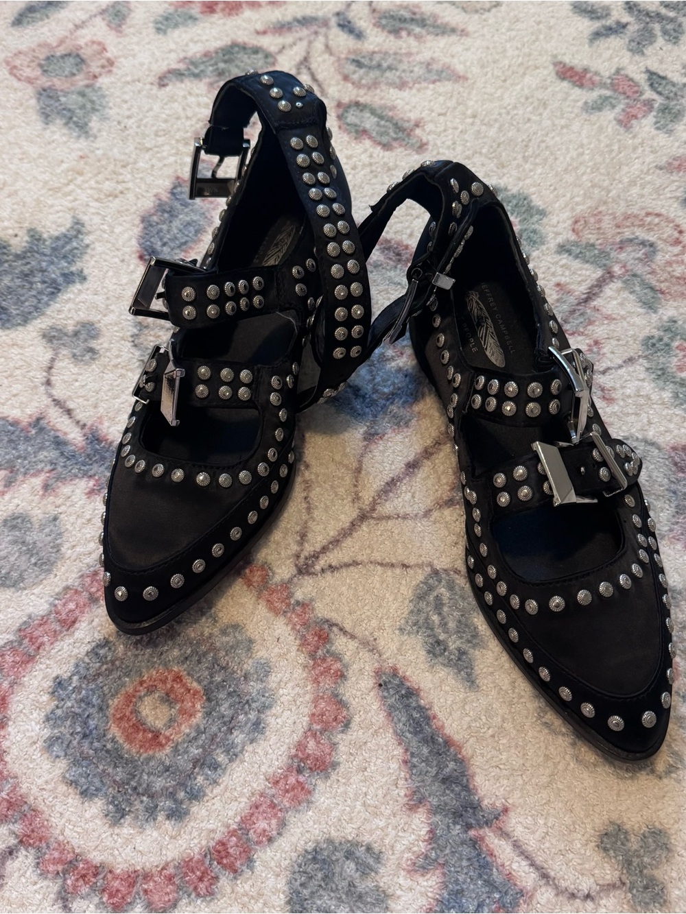 Free People Jeffrey Campbell Black Studded Triple-Buckle Pointed Flats